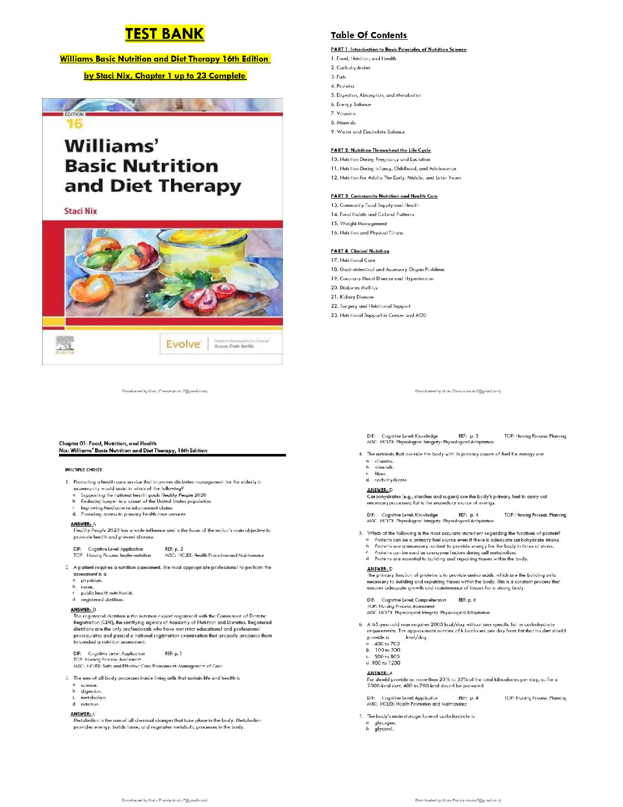 Recommended document preview for Test Bank for Williams Basic Nutrition & Diet Therapy 16th Edition All Chapters   / 2025 Update Exam Questions & Study Guide