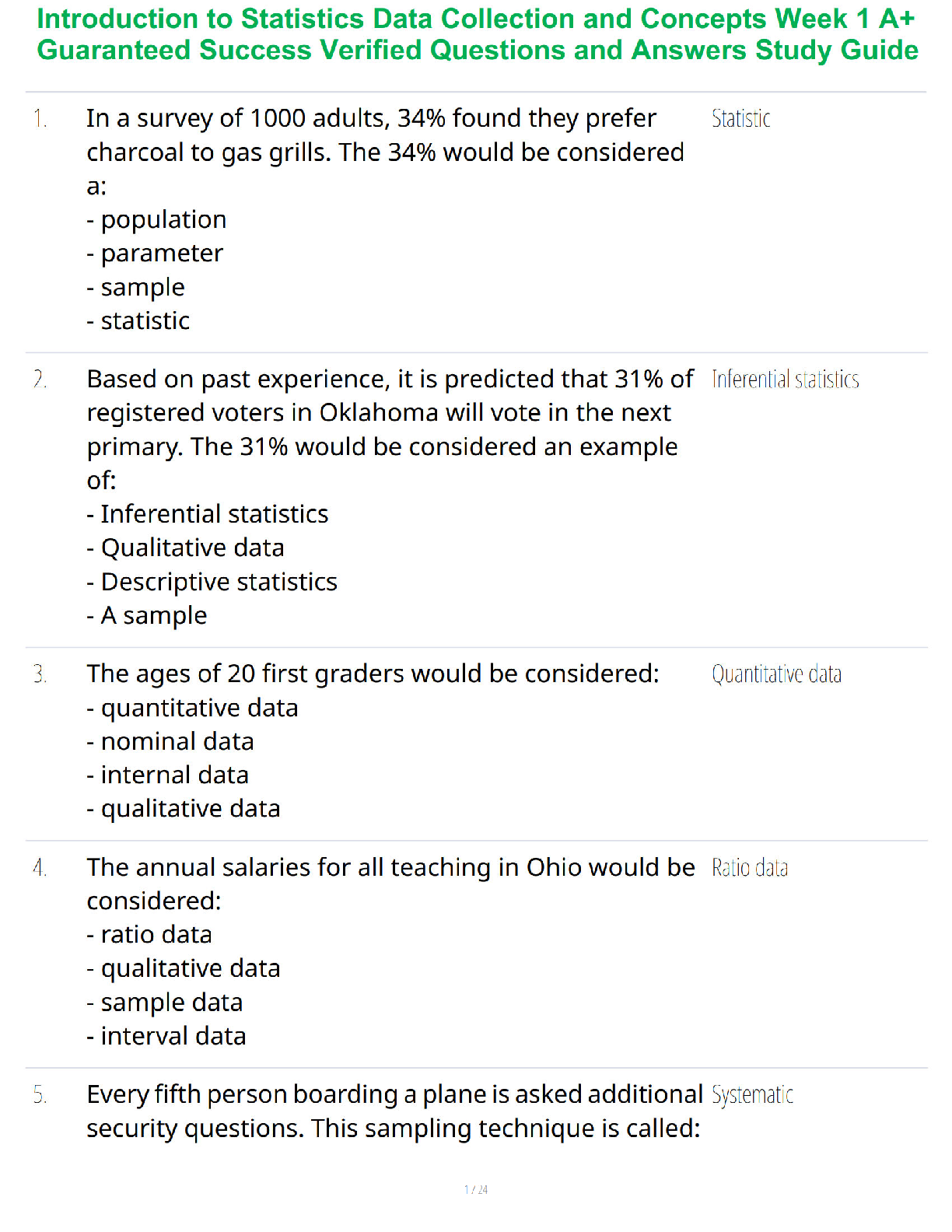 Recommended document preview for Introduction to Statistics Data Collection and Concepts Week 1 A+ Guaranteed Success Verified Questions and Answers Study Guide