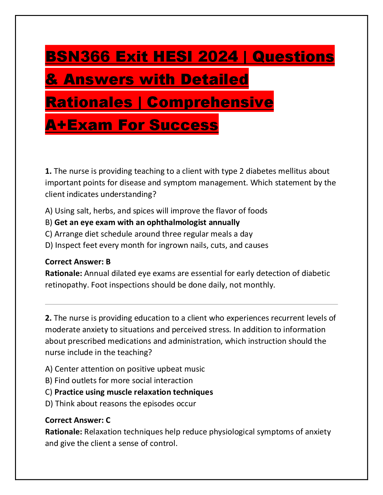 Preview of BSN366 Exit HESI 2024 | Questions & Answers with Detailed Rationales | Comprehensive A+Exam For Success