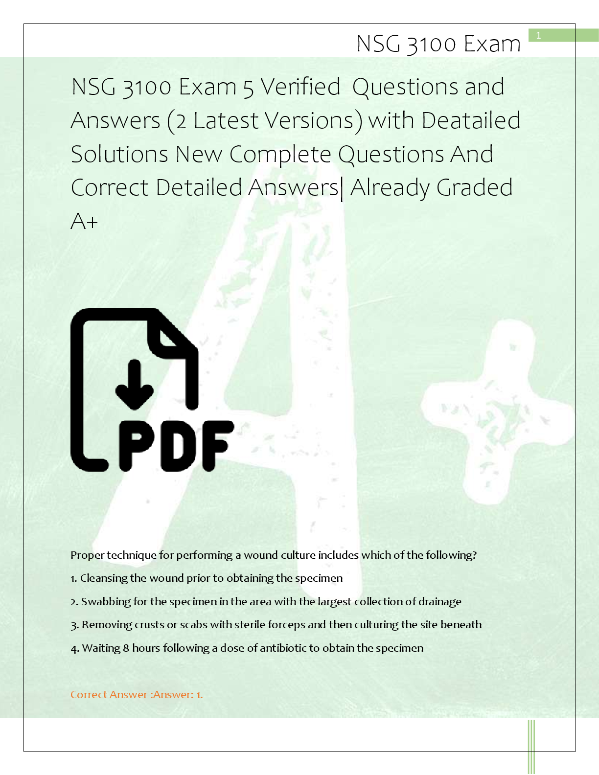 Preview of NSG 3100 Exam 5 Verified  Questions and  Answers (2 Latest Versions) with Deatailed   Solu