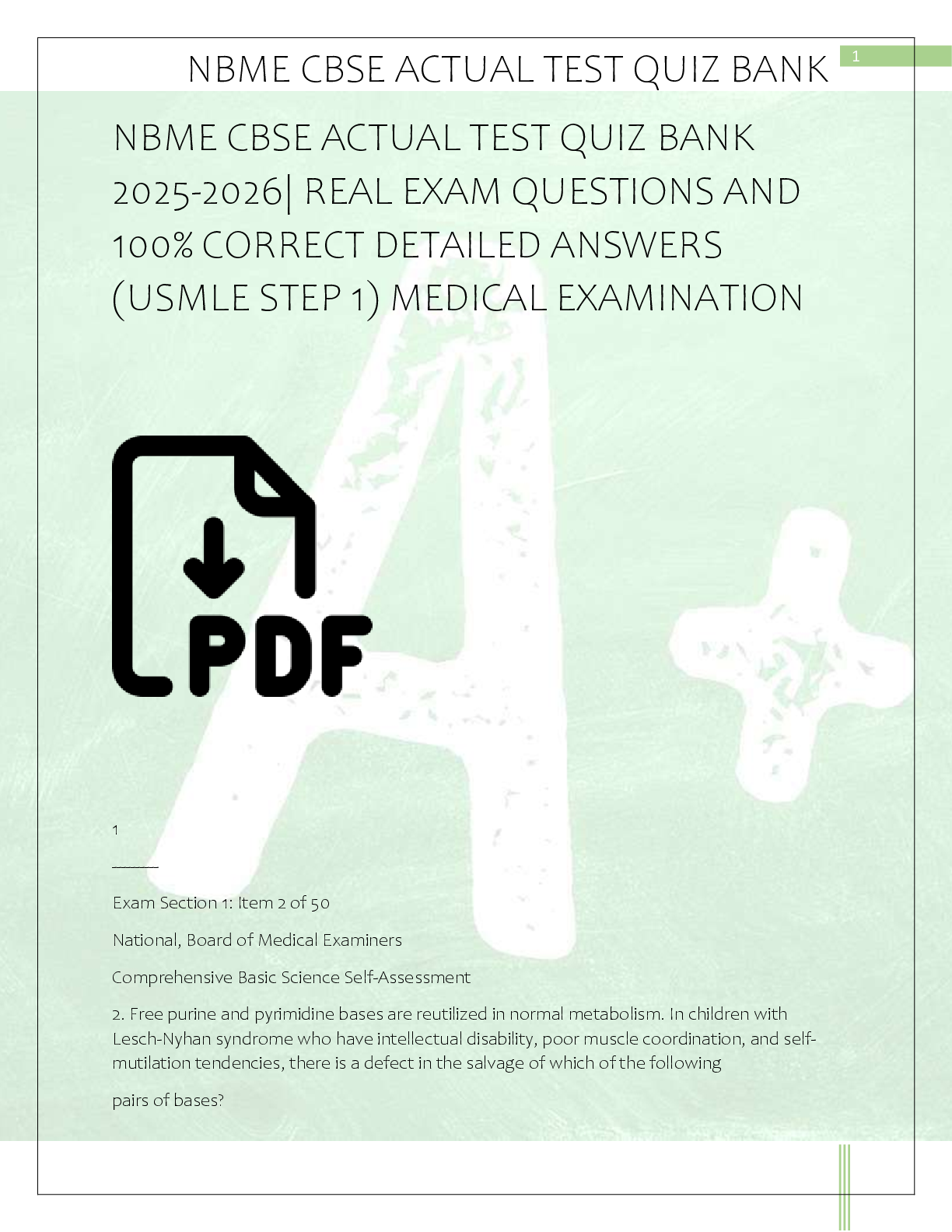 Recommended document preview for NBME CBSE ACTUAL TEST QUIZ BANK  2025-2026| REAL EXAM QUESTIONS AND  100% CORRECT DETAILED ANSWERS  (USMLE STEP 1) MEDICAL EXAMINATION
