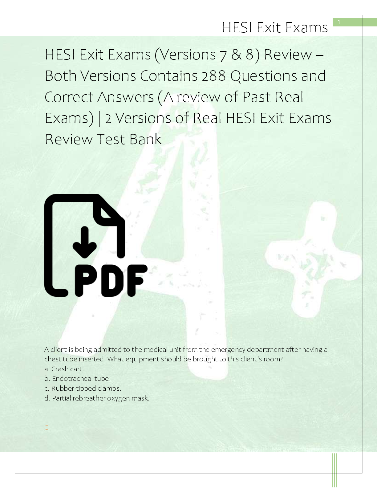Preview of HESI Exit Exams (Versions 7 & 8) Review –  Both Versions Contains 288 Questions and  Corre