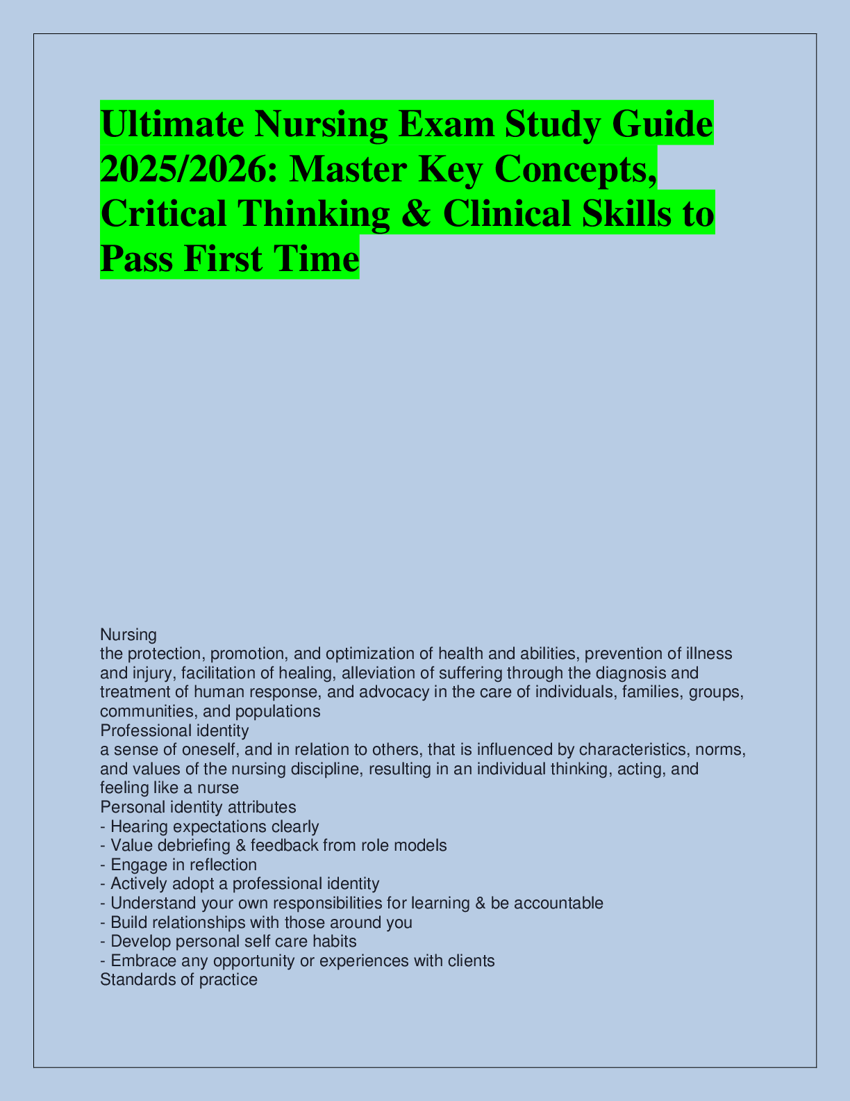 Recommended document preview for Ultimate Nursing Exam Study Guide  2025/2026: Master Key Concepts,  Critical Thinking & Clinical Skills to  Pass First Time
