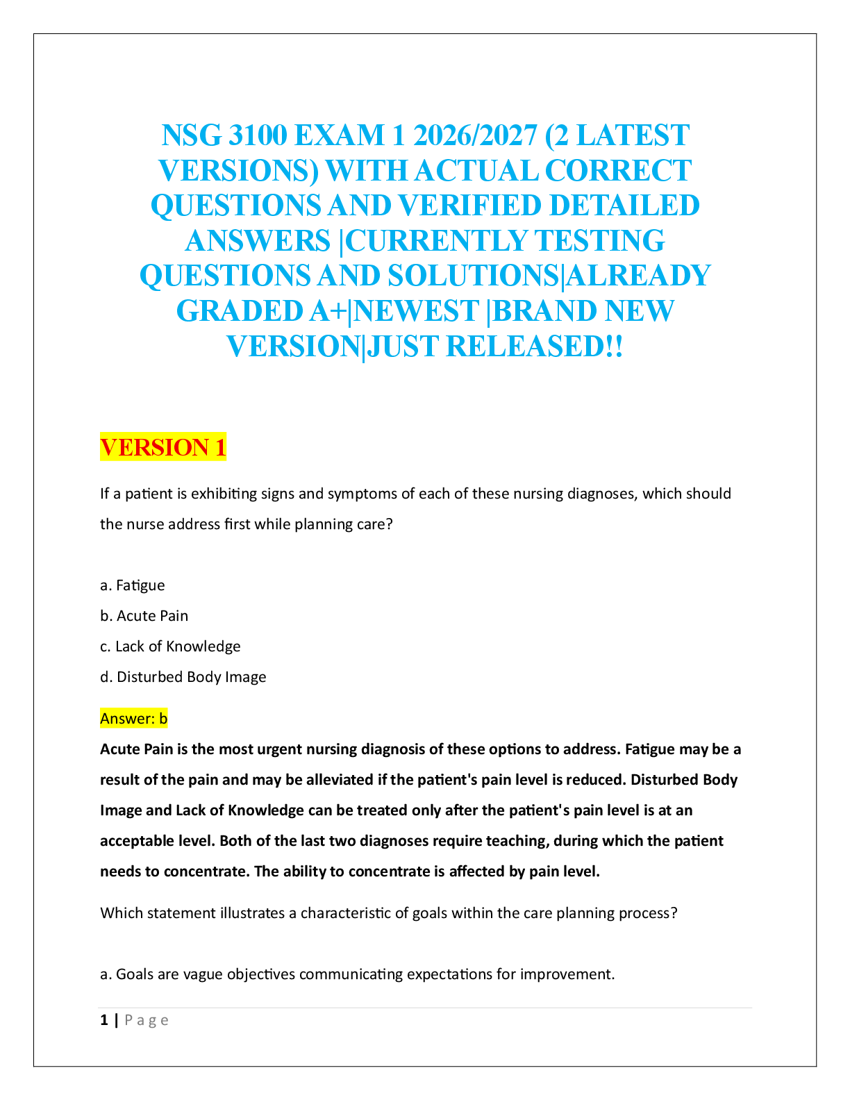 NSG 3100 EXAM 1 2026/2027 (2 LATEST  VERSIONS)