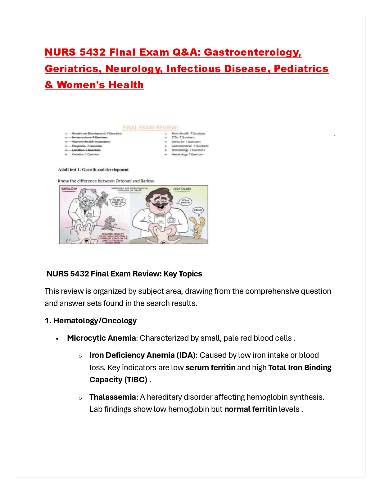 NURS 5432 Final Exam Q&A: Gastroenterology,  Geriatrics, Neurology, Infectious Disease, Pediatrics  & Women's Health
