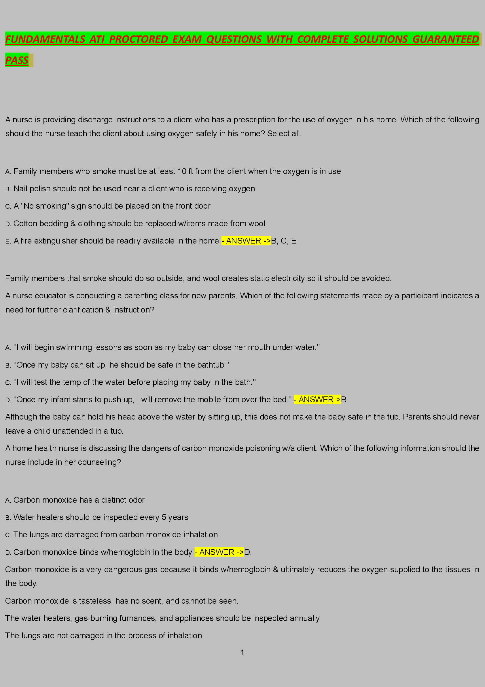 FUNDAMENTALS ATI PROCTORED EXAM QUESTIONS WITH COMPLETE SOLUTIONS GUARANTEED  PASS