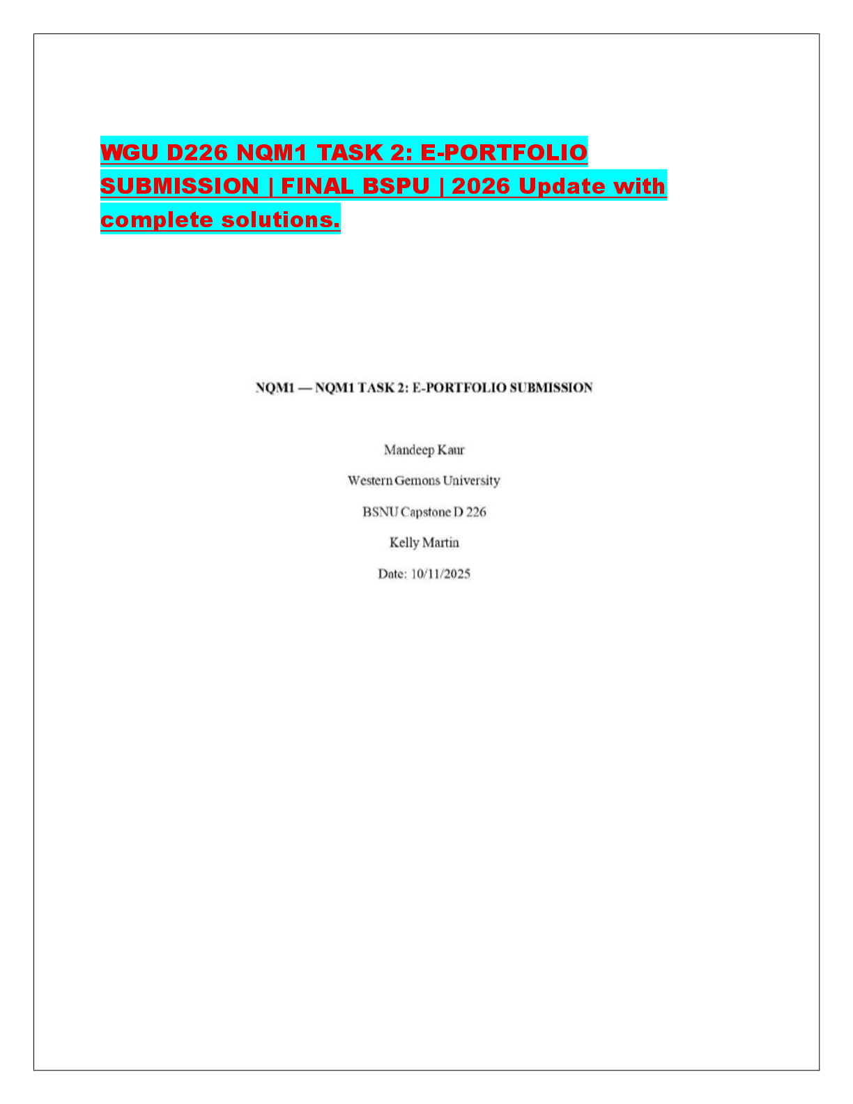 Preview of WGU D226 NQM1 TASK 2: E-PORTFOLIO  SUBMISSION | FINAL BSPU | 2026 Update with  complete so
