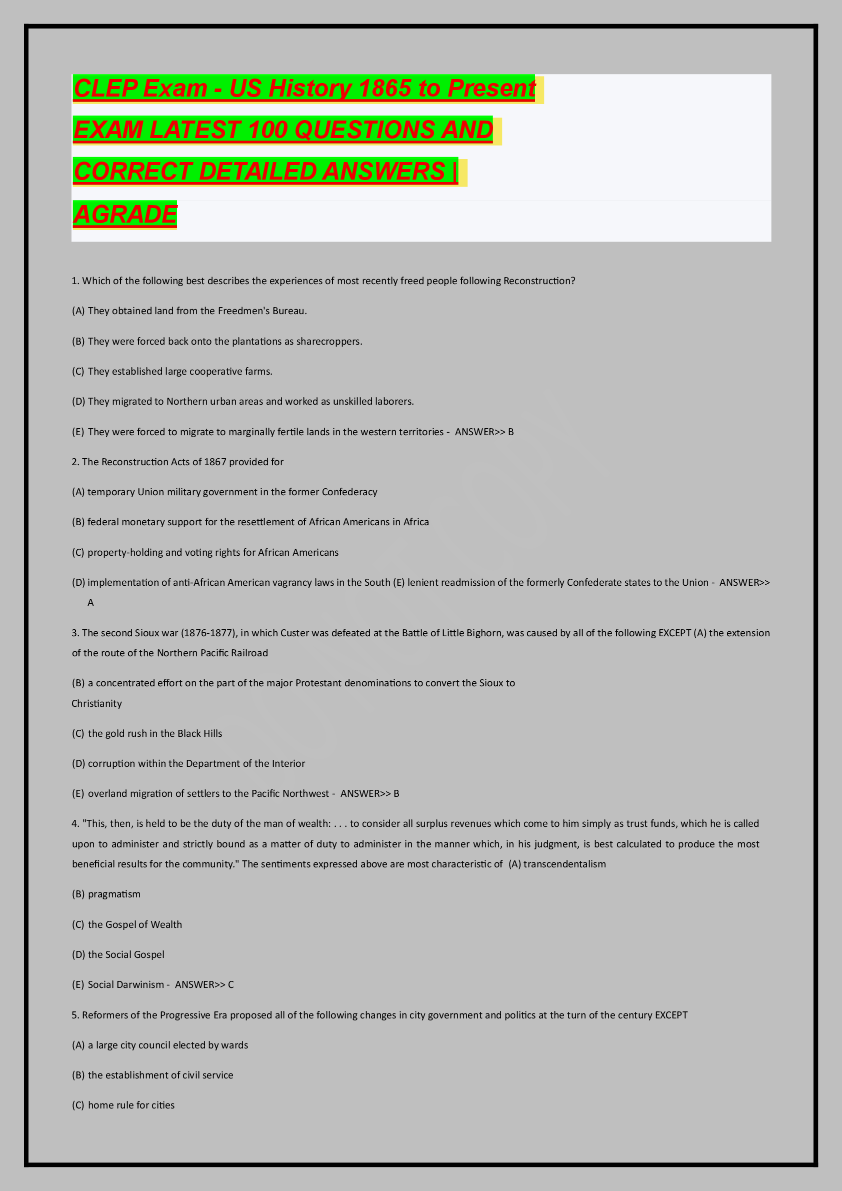 Recommended document preview for CLEP Exam - US History 1865 to Present   EXAM LATEST 100 QUESTIONS AND   CORRECT DETAILED ANSWERS |   AGRADE