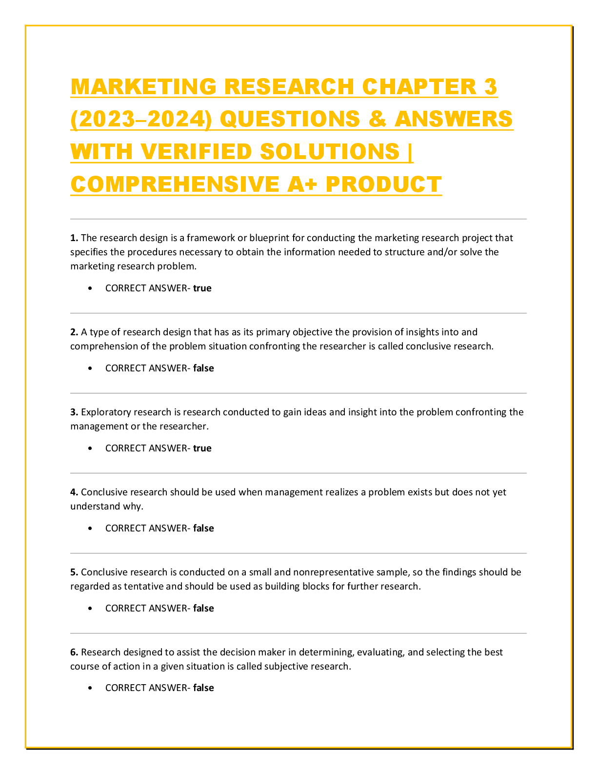 Recommended document preview for MARKETING RESEARCH CHAPTER 3 (2023–2024) QUESTIONS & ANSWERS WITH VERIFIED SOLUTIONS | COMPREHENSIVE A+ PRODUCT