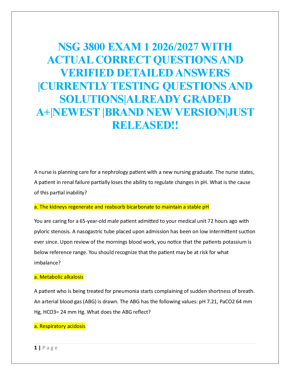 NSG 3800 EXAM 1 2026/2027