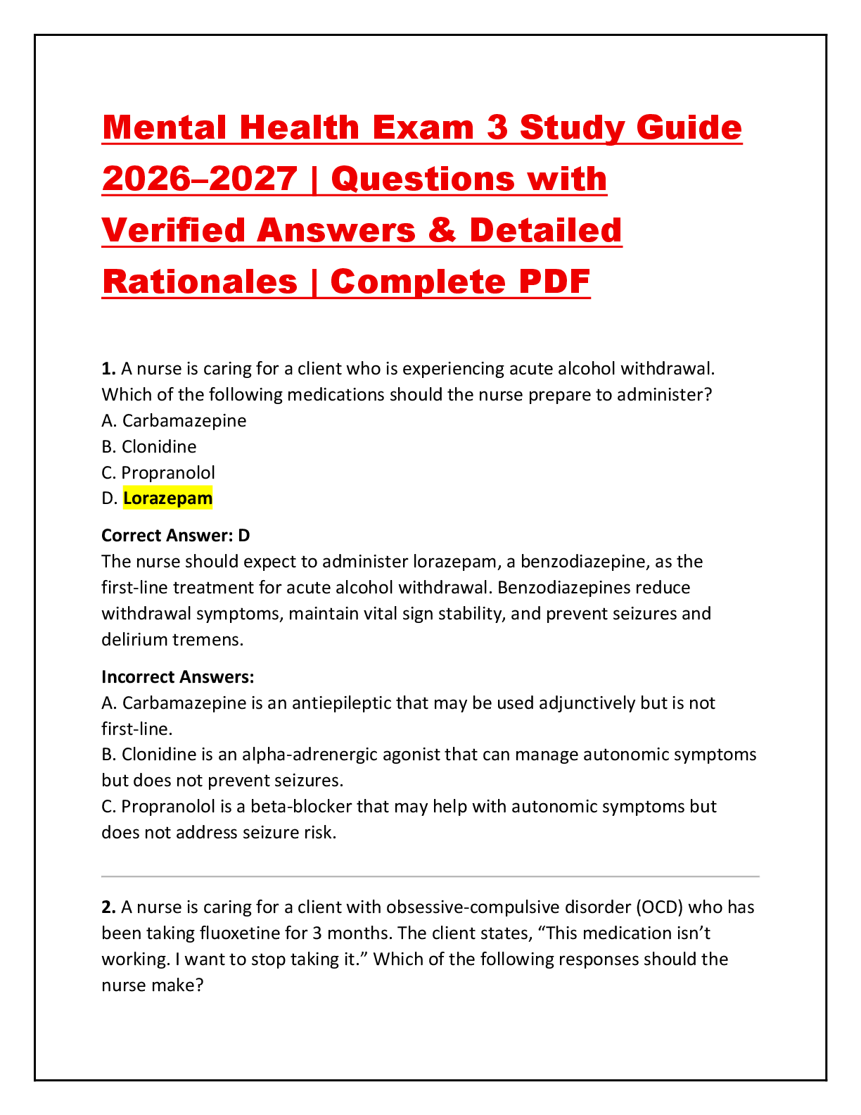 Recommended document preview for Mental Health Exam 3 Study Guide 2026–2027 | Questions with Verified Answers & Detailed Rationales | Complete PDF