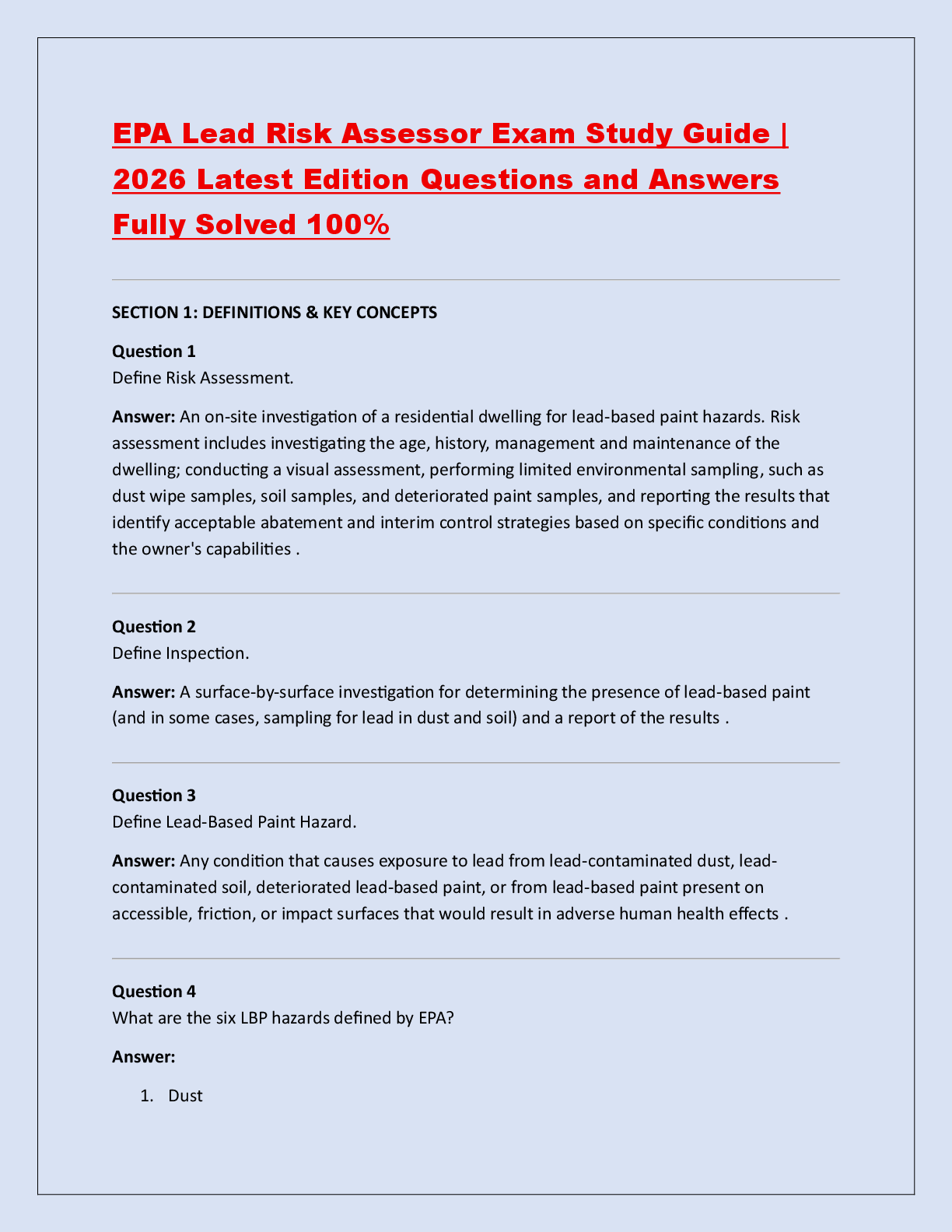 Recommended document preview for EPA Lead Risk Assessor Exam Study Guide |  2026 Latest Edition Questions and Answers  Fully Solved 100%