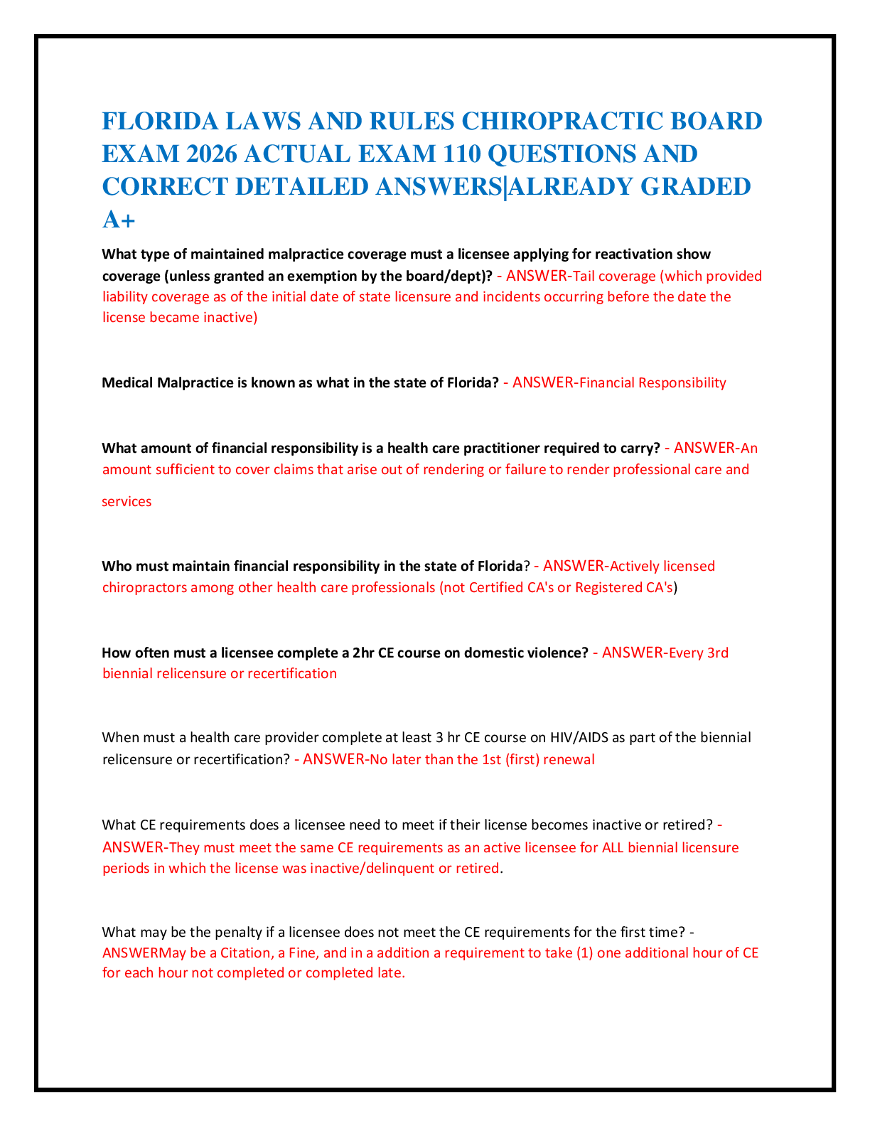 FLORIDA LAWS AND RULES CHIROPRACTIC BOARD   EXAM 2026 ACTUAL EXAM 110 QUESTIONS AND   CORRECT DETAILED ANSWERS|ALREADY GRADED  A+