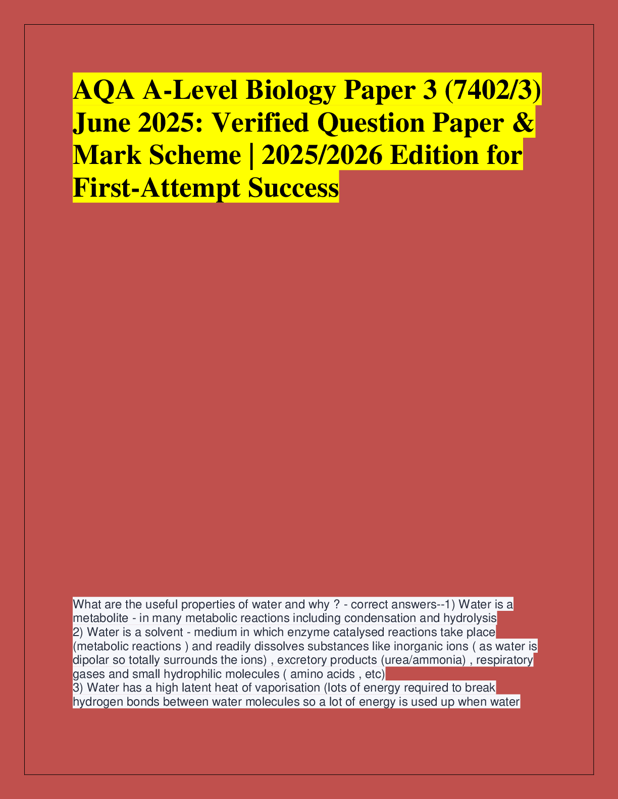 Recommended document preview for AQA A-Level Biology Paper 3 (7402/3)  June 2025: Verified Question Paper &  Mark Scheme | 2025/2026 Edition for  First-Attempt Success