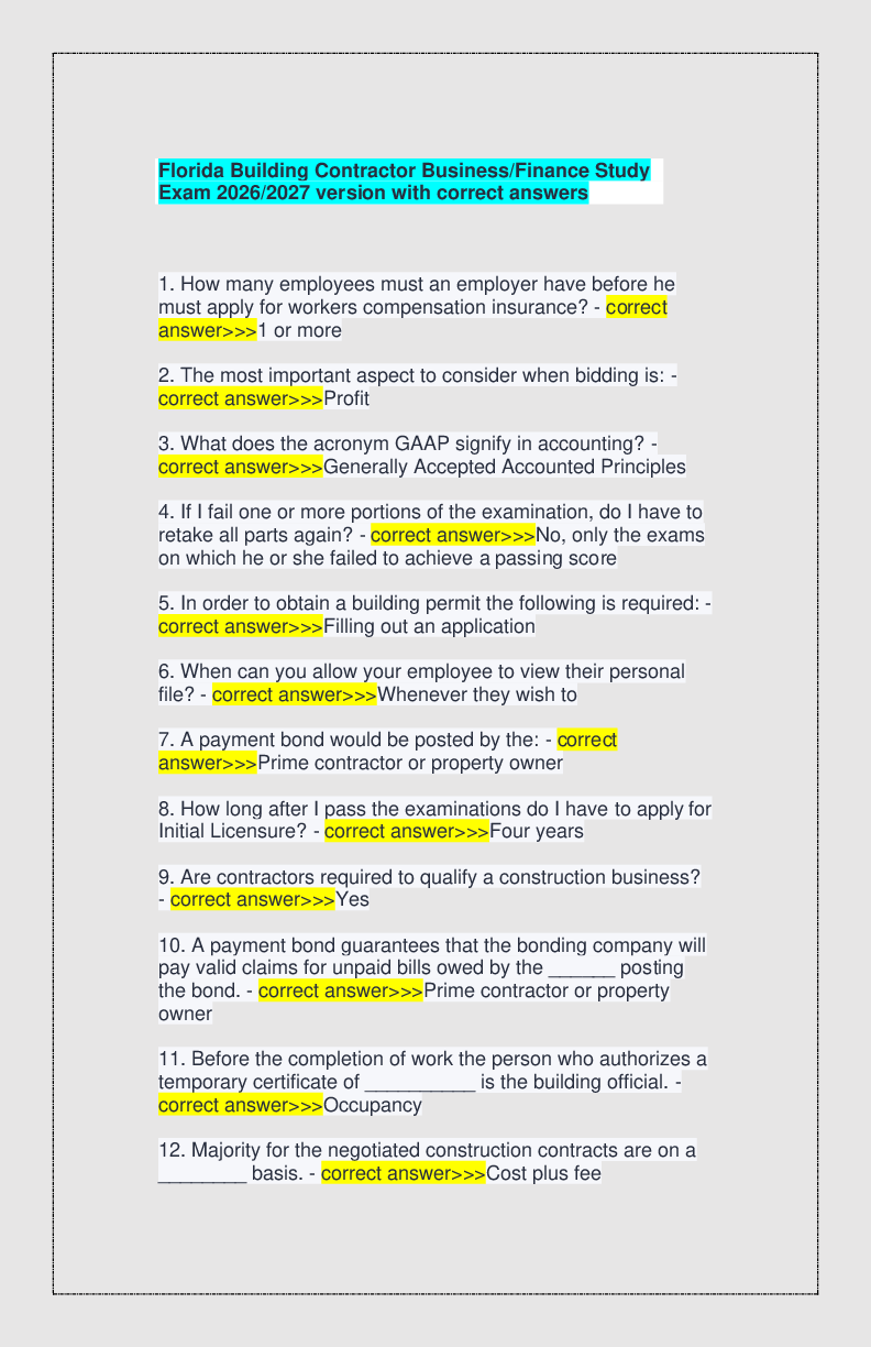 Preview of Florida Building Contractor Business/Finance Study Exam 2026/2027 version with correct answers