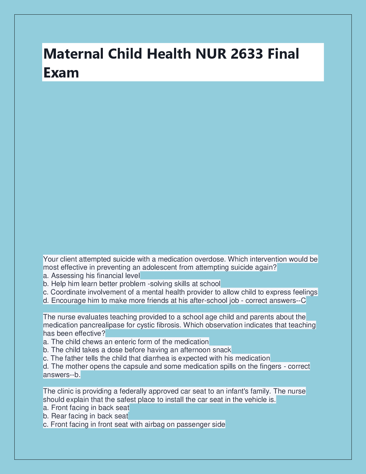 Recommended document preview for Maternal-Child Nursing (NUR  2513) MATERNAL FINAL Exam  2024;Three Different Versions  Actual Questions and Answers  Solved 100%- Rasmusse