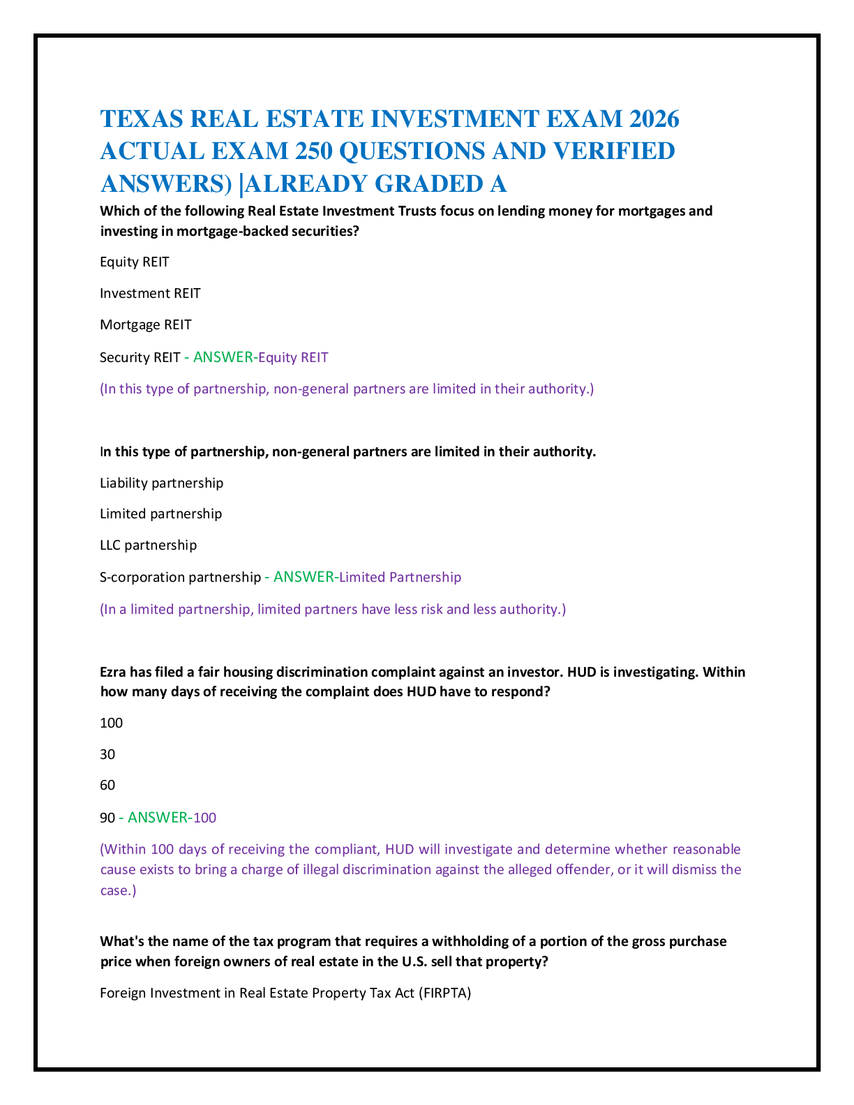 TEXAS REAL ESTATE INVESTMENT EXAM 2026   ACTUAL EXAM 250 QUESTIONS AND VERIFIED  ANSWERS) |ALREADY GRADED A