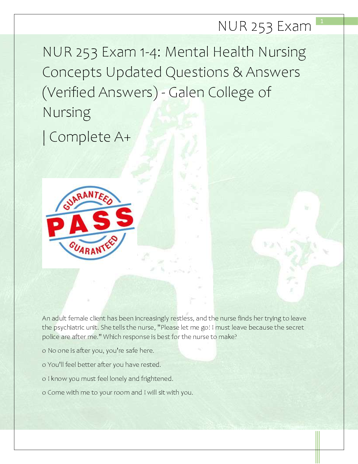 Preview of NUR 253 Exam 1-4: Mental Health Nursing  Concepts Updated Questions & Answers  (Verified A