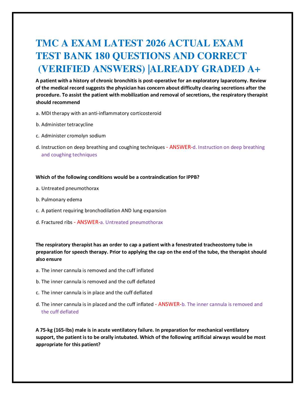 TMC A EXAM LATEST 2026 ACTUAL EXAM   TEST BANK 180 QUESTIONS AND CORRECT   (VERIFIED ANSWERS) |ALREADY GRADED A+