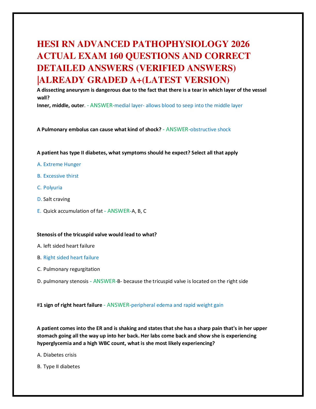 Preview of HESI RN ADVANCED PATHOPHYSIOLOGY 2026   ACTUAL EXAM 160 QUESTIONS AND CORRECT   DETAILED A