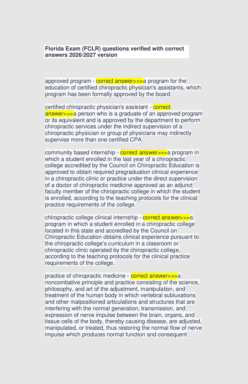 Preview of Florida Exam (FCLR) questions verified with correct answers 2026/2027 version