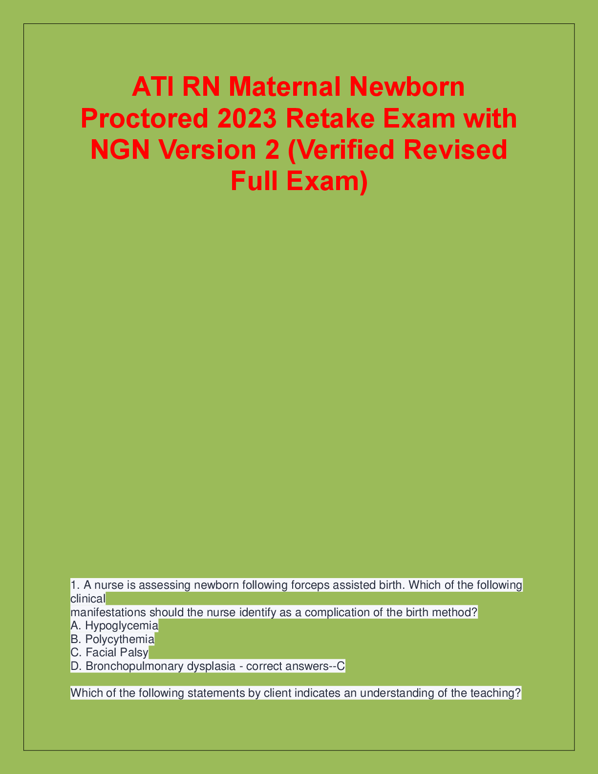 Preview image for ATI RN Maternal Newborn  Proctored 2023 Retake Exam with  NGN Version 2 (Verified Revised  Full Exam)