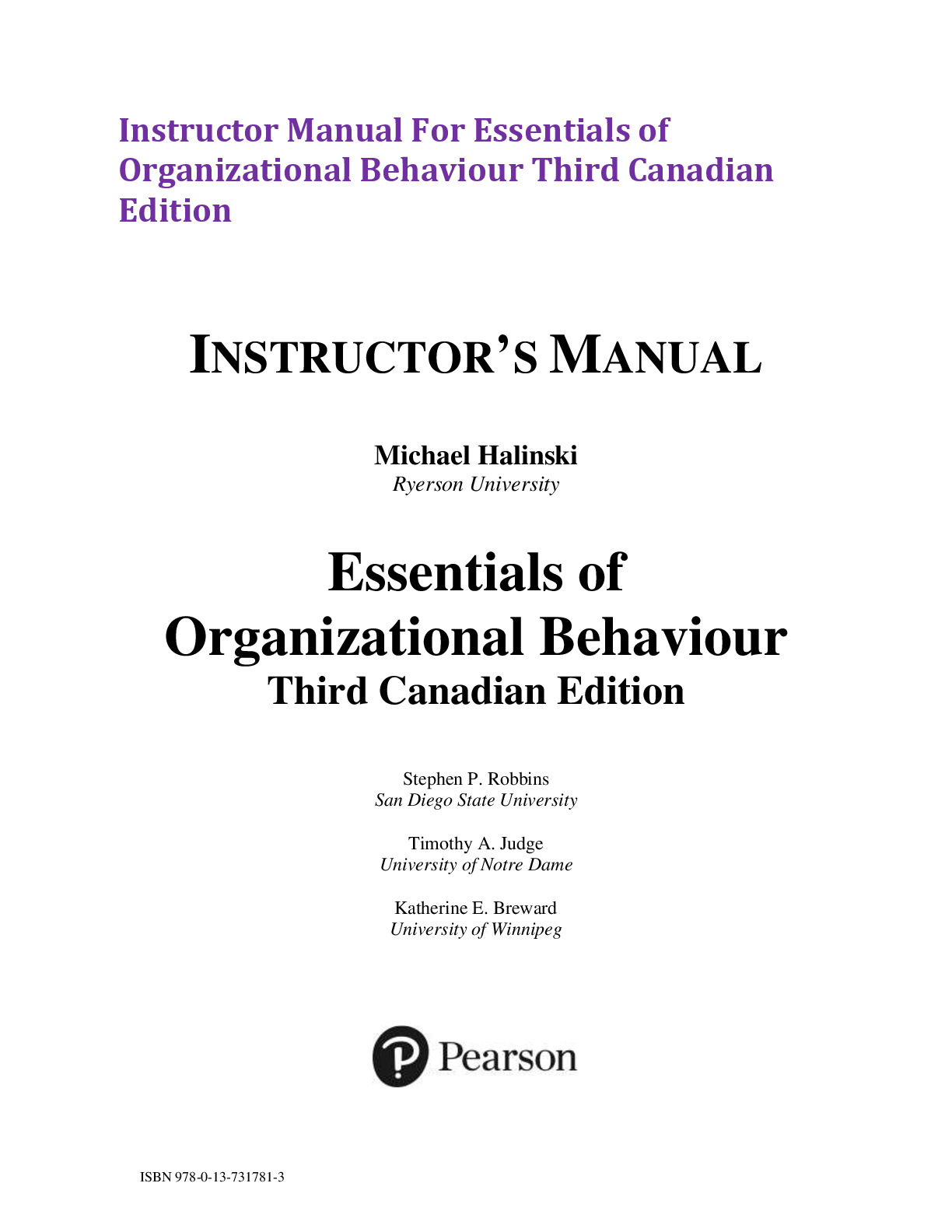 Preview of Instructor Manual For Essentials of  Organizational Behaviour Third Canadian  Edition