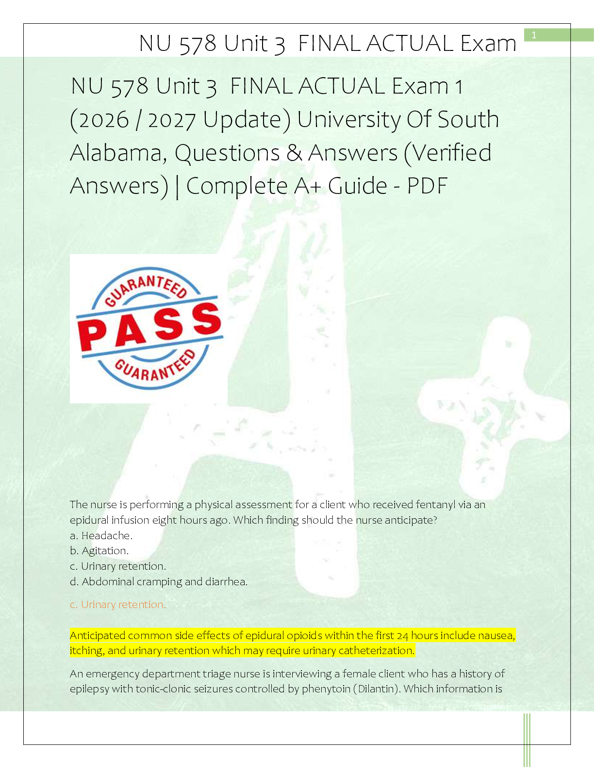 Recommended document preview for NU 578 Unit 3  FINAL ACTUAL Exam 1  (2026 / 2027 Update) University Of South  Alabama, Questions & Answers (Verified  Answers) | Complete A+ Guide - PDF