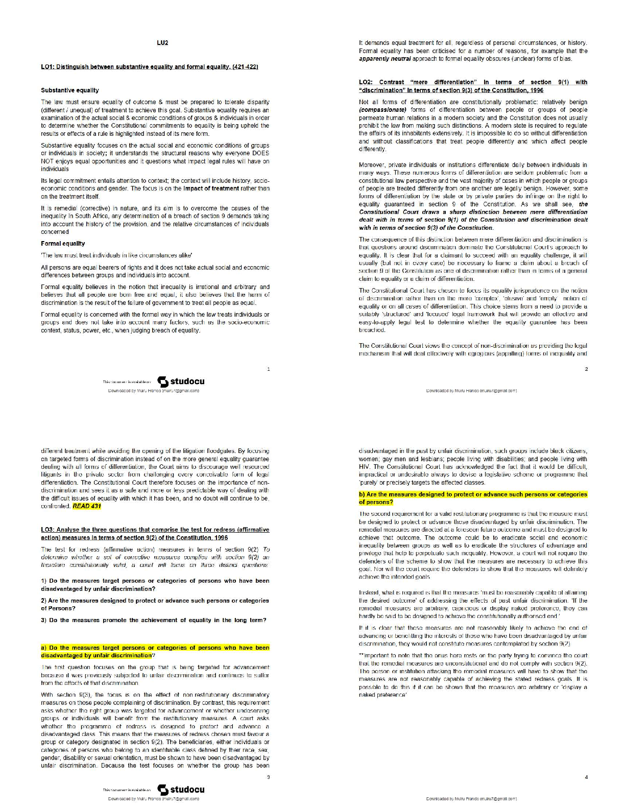 Preview of FUR2601 LU2 Equality Notes – Substantive vs Formal Equality   / 2026 Exam Guide