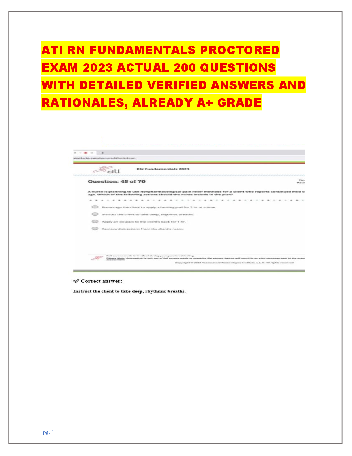 Recommended document preview for RN FUNDAMENTALS PROCTORED EXAM 2023 ACTUAL 200 QUESTIONS WITH DETAILED VERIFIED ANSWERS AND RATIONALES, ALREADY A+ GRADE