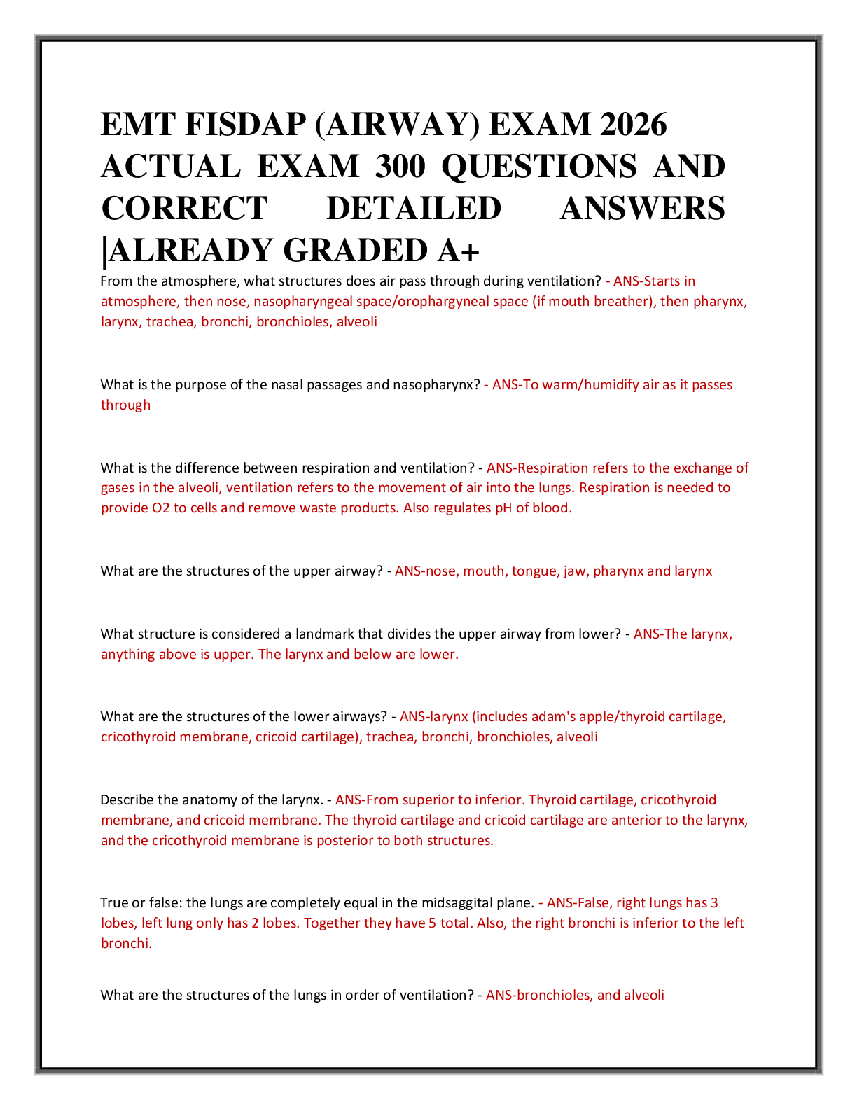 Preview of EMT FISDAP (AIRWAY) EXAM 2026   ACTUAL EXAM 300 QUESTIONS AND  CORRECT DETAILED ANSWERS  |ALREADY GRADED A+