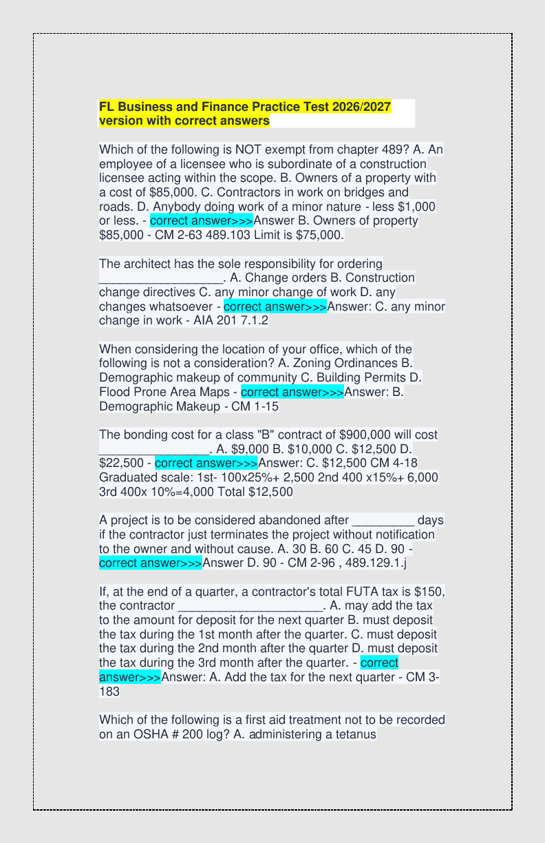 Preview of FL Business and Finance Practice Test 2026/2027 version with correct answers