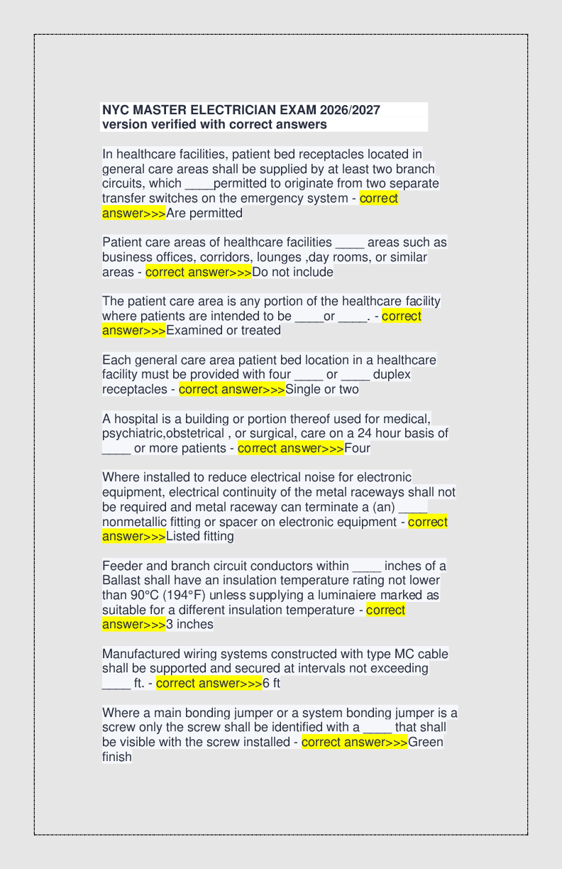 Recommended document preview for NYC MASTER ELECTRICIAN EXAM 2026/2027 version verified with correct answers