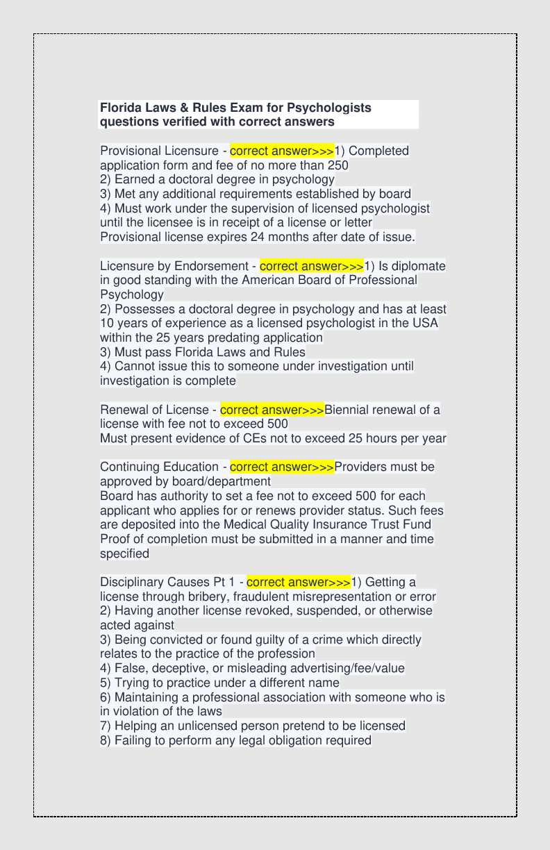Preview of Florida Laws & Rules Exam for Psychologists questions verified with correct answers