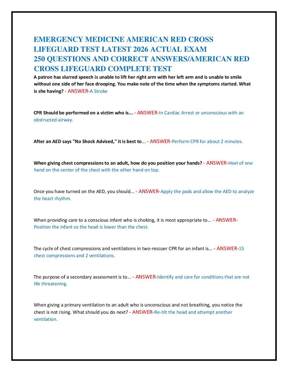 Recommended document preview for EMERGENCY MEDICINE AMERICAN RED CROSS   LIFEGUARD TEST LATEST 2026 ACTUAL EXAM   250 QUESTIONS AND CORRECT ANSWERS/AMERICAN RED  CROSS LIFEGUARD COMPLETE TEST