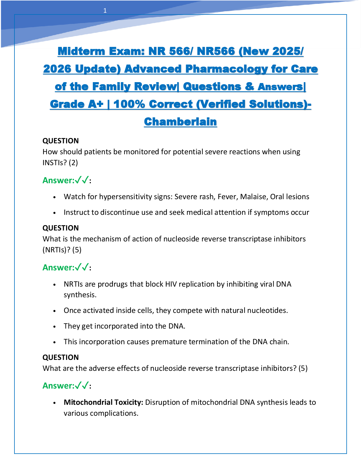 Recommended document preview for Midterm Exam: NR 566/ NR566 (New 2025/ 2026 Update) Advanced Pharmacology for Care of the Family Review| Questions & Answers| Grade A+ | 100% Correct (Verified Solutions)- Chamberlain