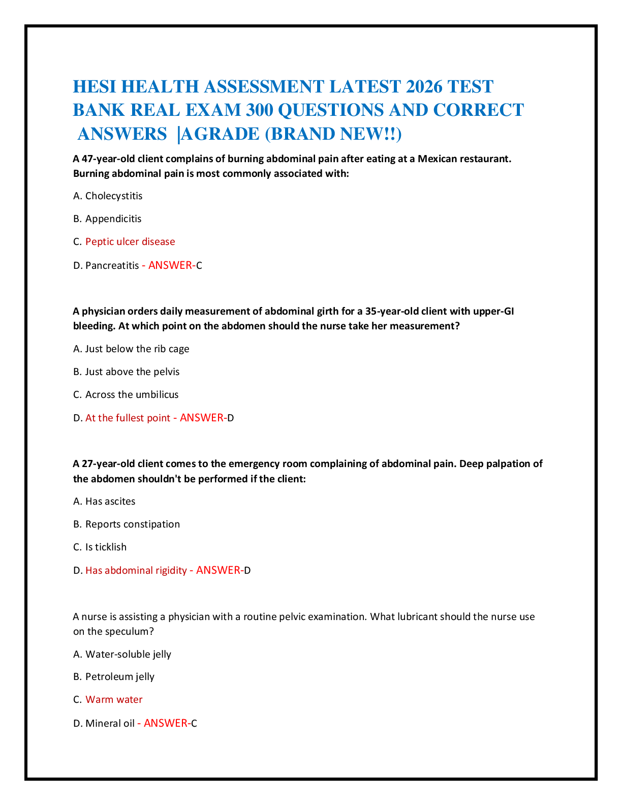 Recommended document preview for HESI HEALTH ASSESSMENT LATEST 2026 TEST   BANK REAL EXAM 300 QUESTIONS AND CORRECT   ANSWERS  |AGRADE (BRAND NEW!!)