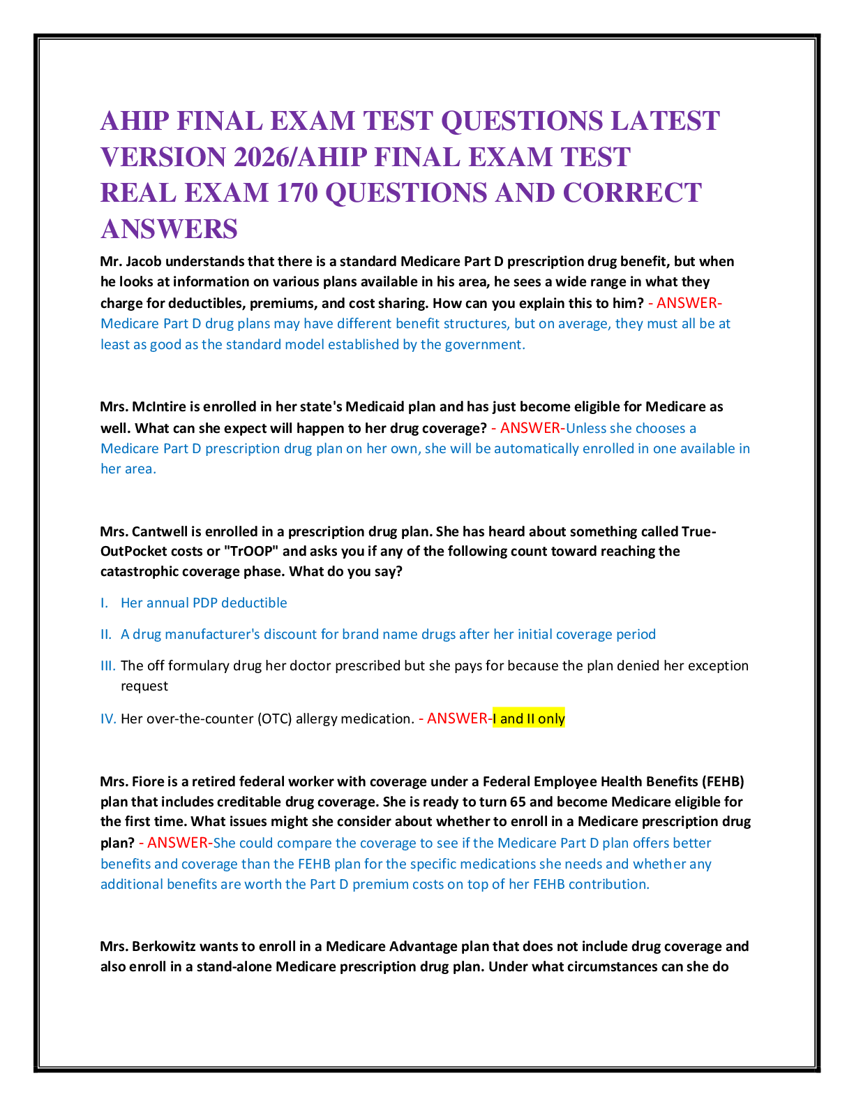 Preview of AHIP FINAL EXAM TEST QUESTIONS LATEST   VERSION 2026/AHIP FINAL EXAM TEST   REAL EXAM 170 QUESTIONS AND CORRECT  ANSWERS