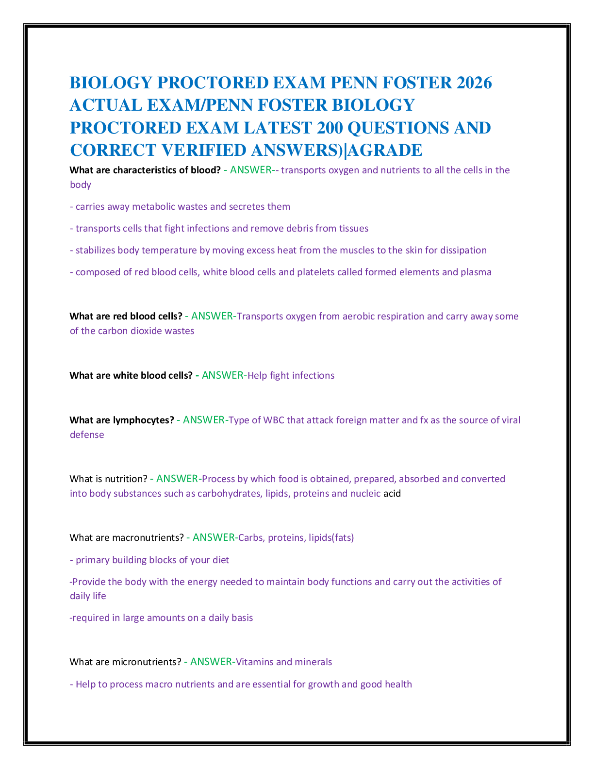 Recommended document preview for BIOLOGY PROCTORED EXAM PENN FOSTER 2026   ACTUAL EXAM/PENN FOSTER BIOLOGY  PROCTORED EXAM LATEST 200 QUESTIONS AND  CORRECT VERIFIED ANSWERS)|AGRADE