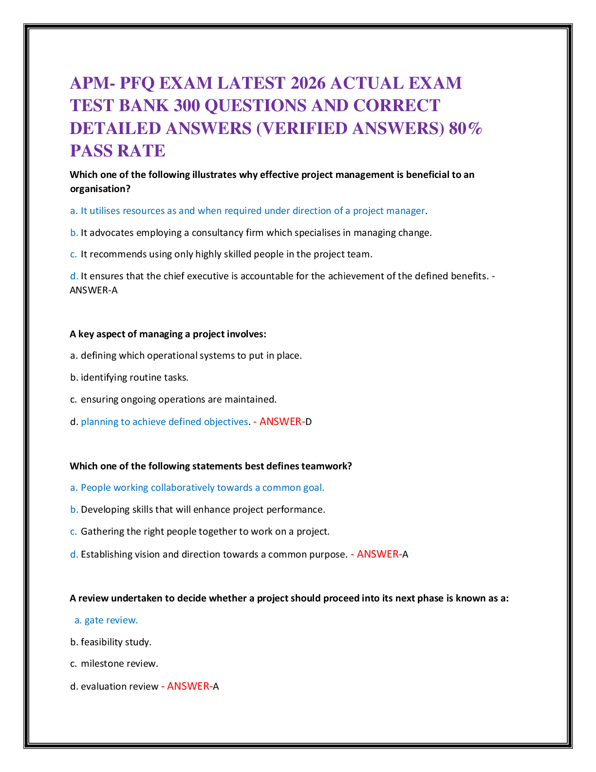 APM- PFQ EXAM LATEST 2026 ACTUAL EXAM   TEST BANK 300 QUESTIONS AND CORRECT   DETAILED ANSWERS (VERIFIED ANSWERS) 80%  PASS RATE