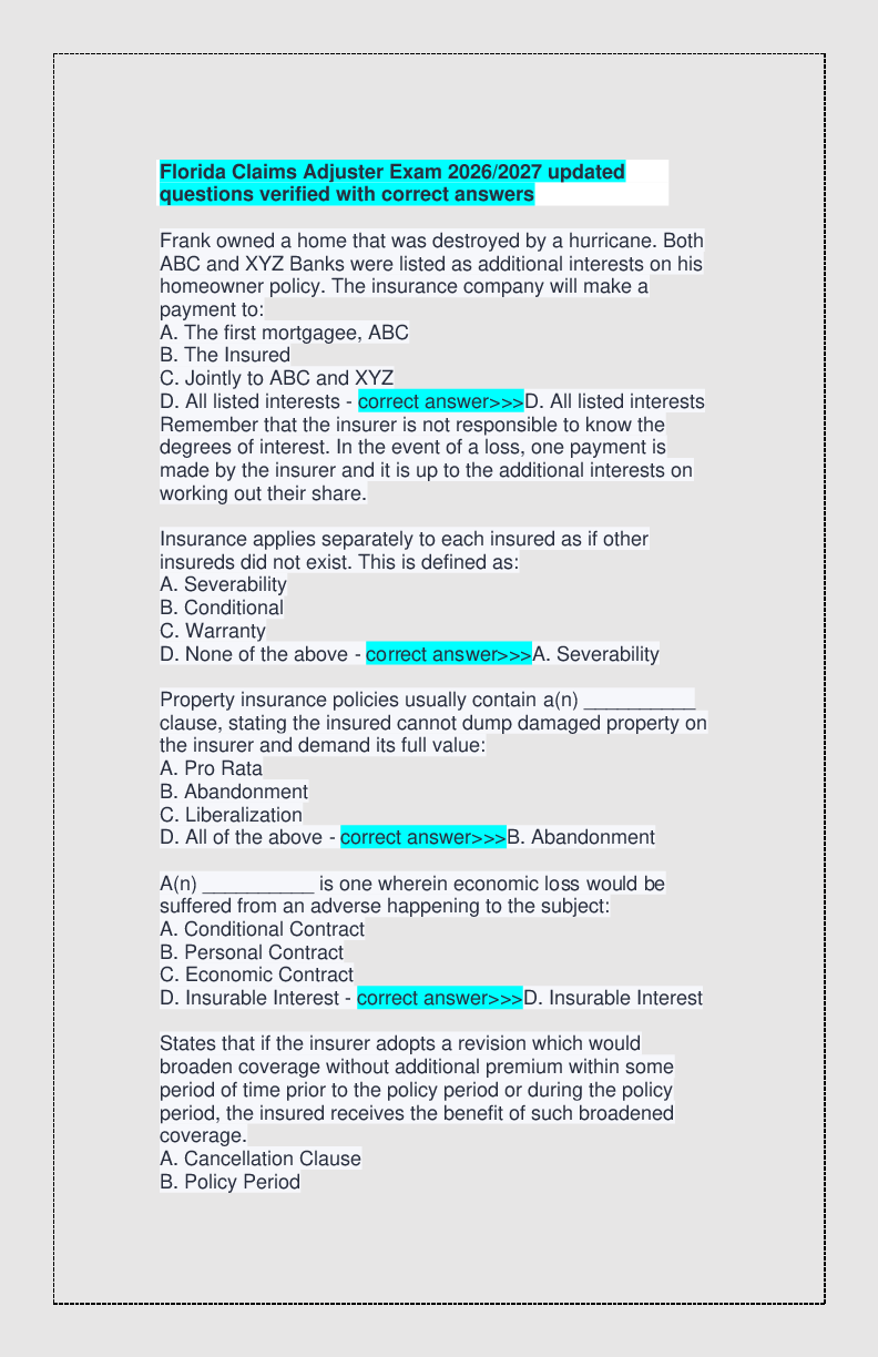 Preview of Florida Claims Adjuster Exam 2026/2027 updated questions verified with correct answers