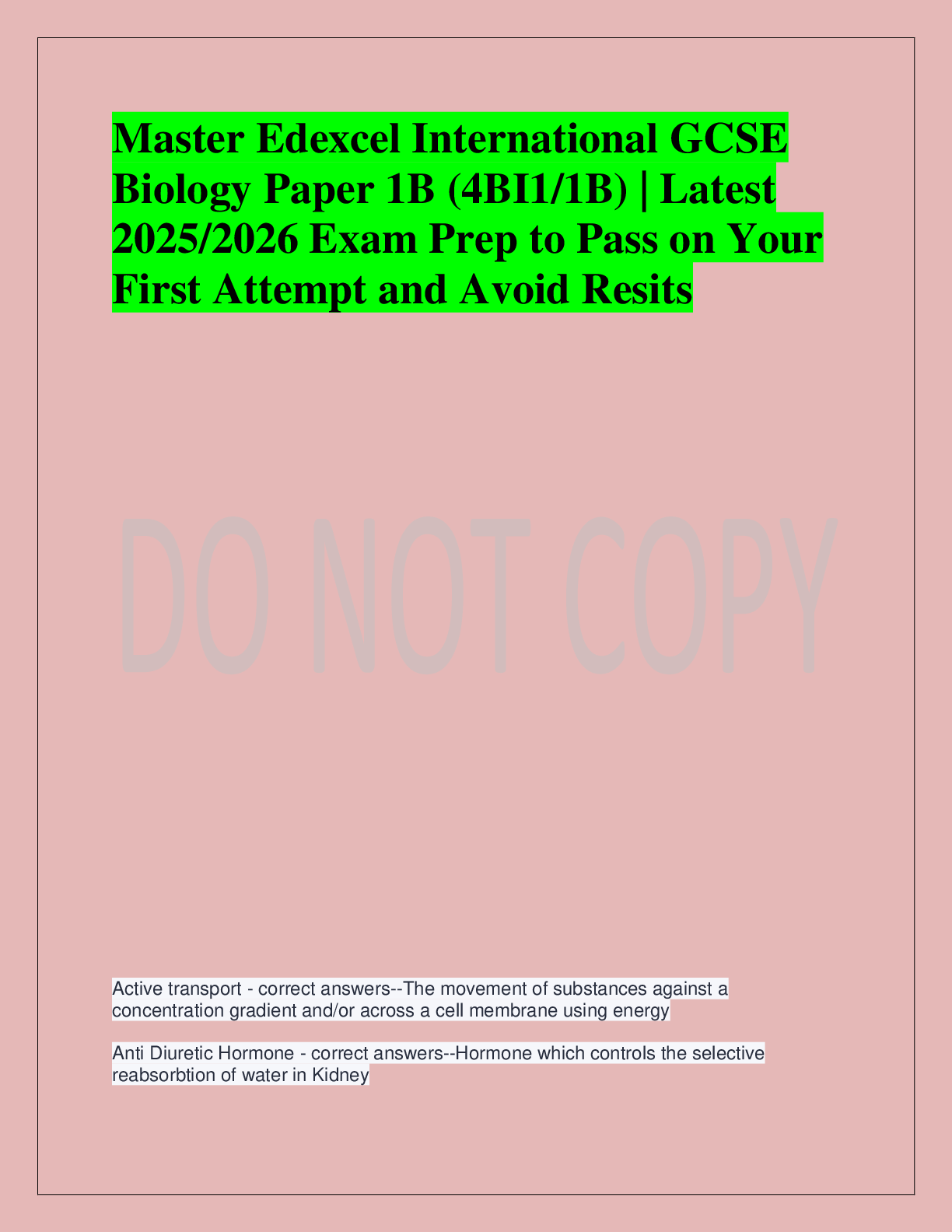 Recommended document preview for Master Edexcel International GCSE  Biology Paper 1B (4BI1/1B) | Latest  2025/2026 Exam Prep to Pass on Your  First Attempt and Avoid Resits