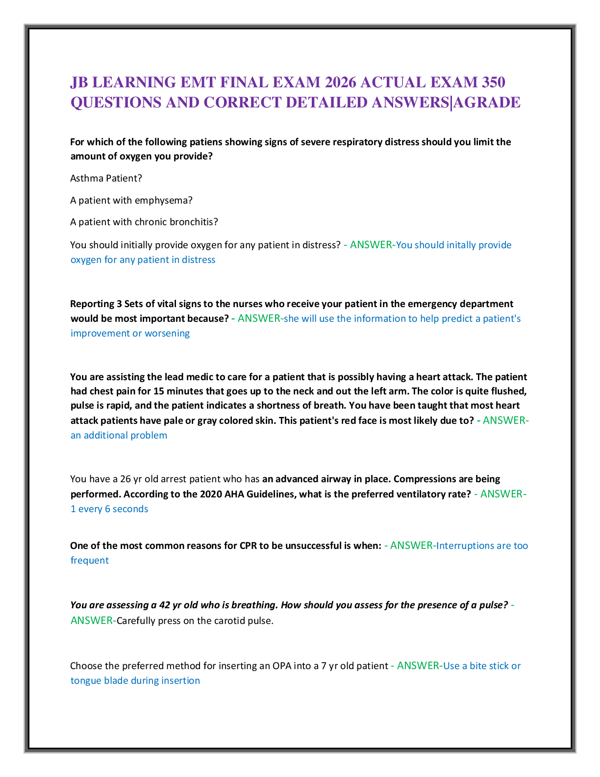 JB LEARNING EMT FINAL EXAM 2026 ACTUAL EXAM 350  QUESTIONS AND CORRECT DETAILED ANSWERS|AGRADE