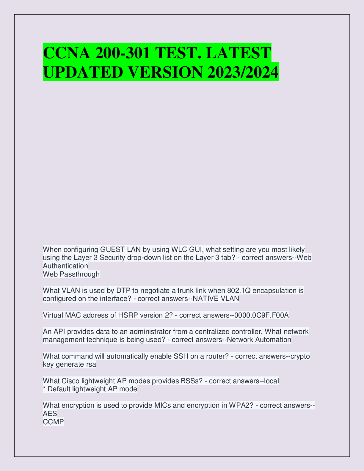 Recommended document preview for CCNA 200-301 TEST. LATEST  UPDATED VERSION 2023/2024