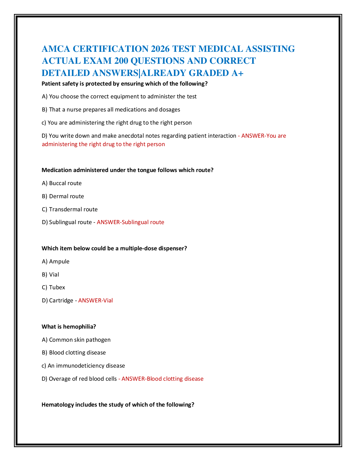 AMCA CERTIFICATION 2026 TEST MEDICAL ASSISTING  ACTUAL EXAM 200 QUESTIONS AND CORRECT   DETAILED ANSWERS|ALREADY GRADED A+