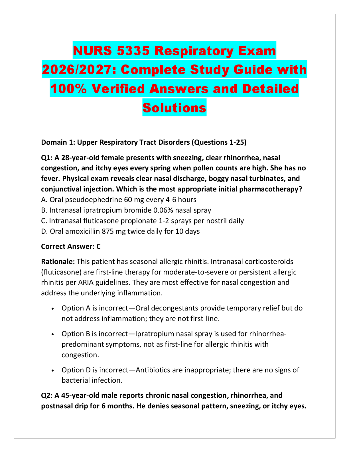 Recommended document preview for NURS 5335 Respiratory Exam 2026/2027: Complete Study Guide with 100% Verified Answers and Detailed Solutions