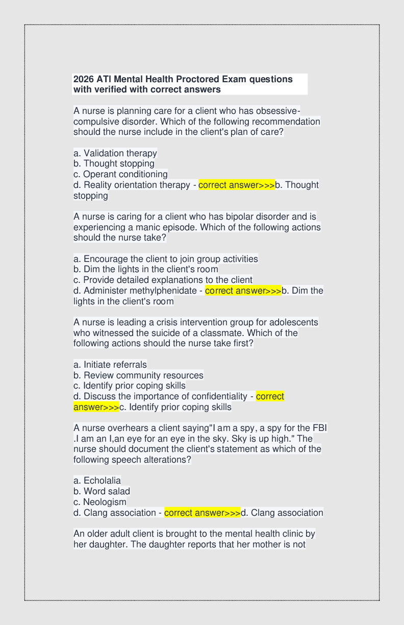 Recommended document preview for 2026 ATI Mental Health Proctored Exam questions with verified with correct answers