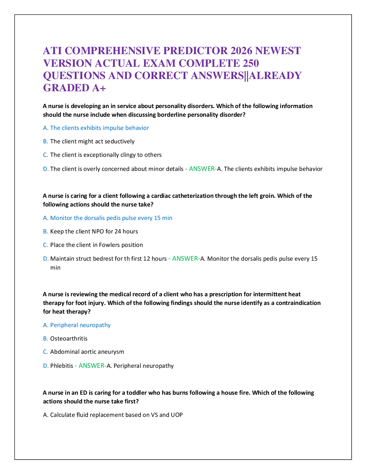 ATI COMPREHENSIVE PREDICTOR 2026 NEWEST  VERSION ACTUAL EXAM COMPLETE 250  QUESTIONS AND CORRECT ANSWERS||ALREADY  GRADED A+