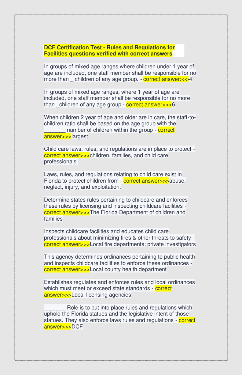 Preview of DCF Certification Test - Rules and Regulations for Facilities questions verified with correct answers