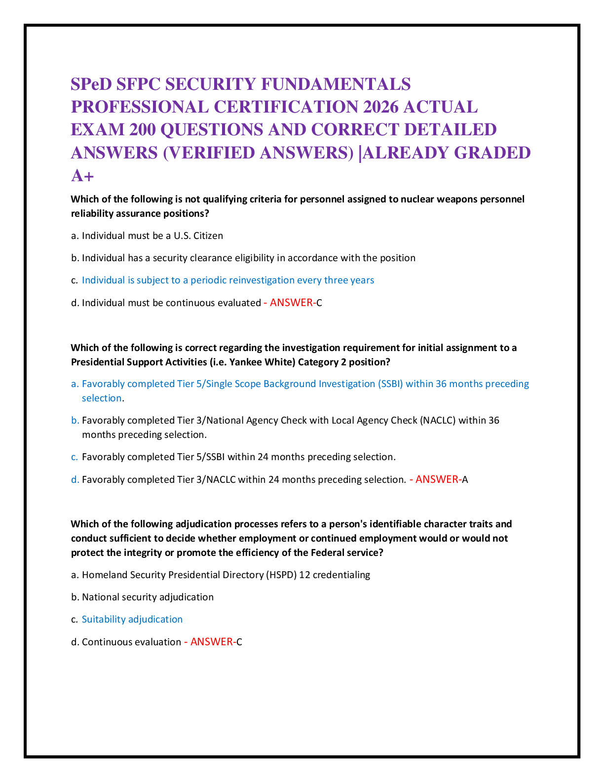 Recommended document preview for SPeD SFPC SECURITY FUNDAMENTALS  PROFESSIONAL CERTIFICATION 2026 ACTUAL   EXAM 200 QUESTIONS AND CORRECT DETAILED   ANSWERS (VERIFIED ANSWERS) |ALREADY GRADED  A+